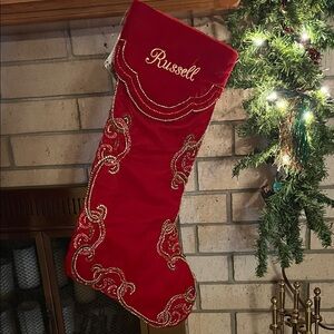 Red Velvet Stocking with Gold & Red Beading and Embroidered Name